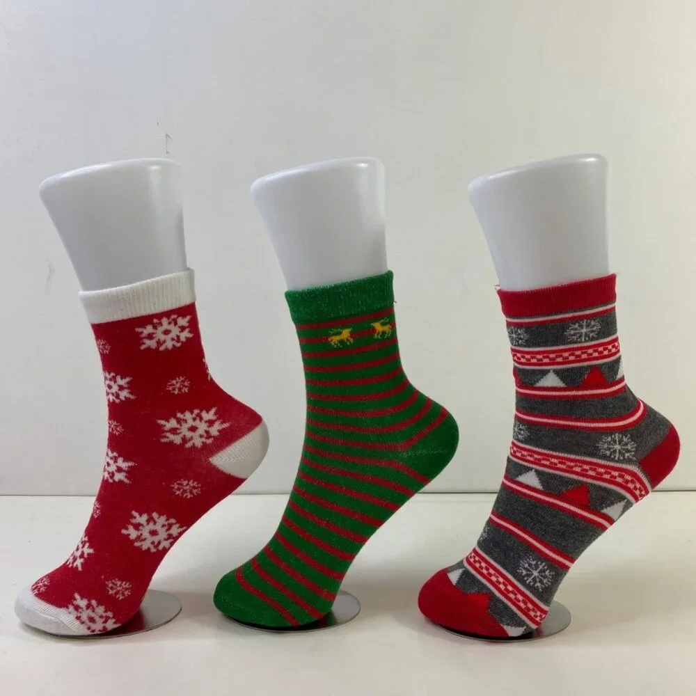 Set 3 Christmas Holiday Cozy Socks Festive Snowflakes Stripes & Reindeer